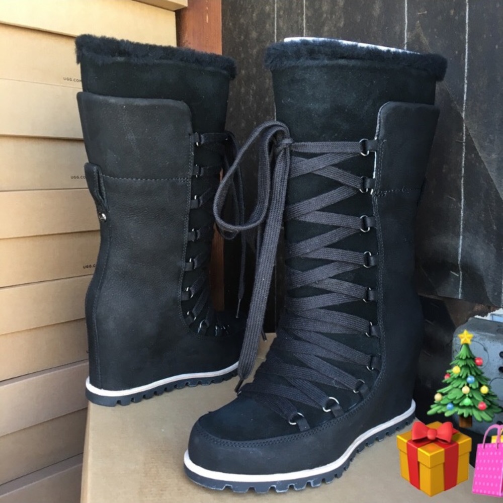 🎁New Ugg Black Mason Tall wedge Laced Boot Sz 6.5